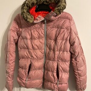 EDDIE BAUER DOWN L removable fur Pink Puffer Jacket with Faux Fur Hood